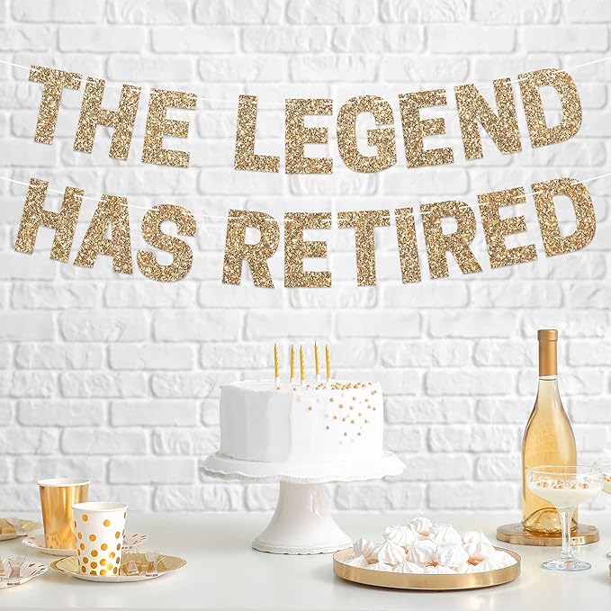 Pre-Strung The Legend Has Retired Banner - No DIY - Gold Glitter Happy Retirement Banner - Pre-Strung on 8 ft Strand - Happy Retirement Party Decorations for Men & Women. Did We Mention No DIY