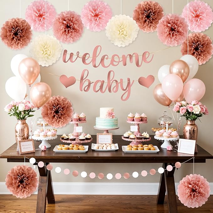 Kriyokiaa 15 Pcs Baby Shower Decorations for Girl Dark Rosegold Baby Shower Decorations with Welcome Baby Banners Paper Flower Pom Poms Perfect for Indoor & Outdoor Celebrations