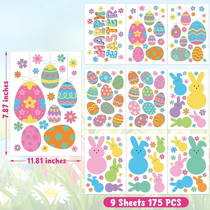 9 Sheets Easter Window Clings, 152PCS Double Sided Easter Party Clings for Glass Windows with Bunny Egg Flower, Reusable Happy Eggs Bunny Window Decals Stickers for Home Office Decorations