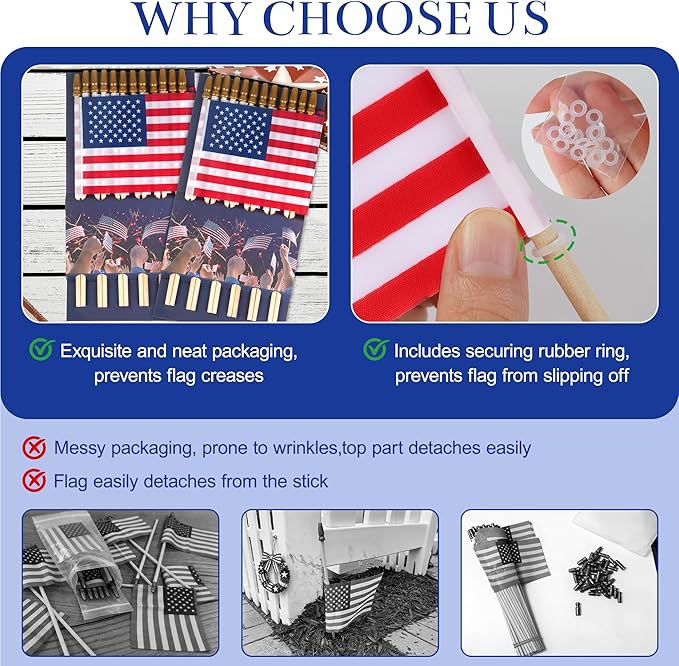 HOOSUN 12 Pcs Small American Flags On Stick,4th of July Decorations Outdoor Mini USA Flag 12''x8'',American Flags for Outside,Fourth of July Flag Patriotic Decor for Yard Lawn,Memorial Day Decorations