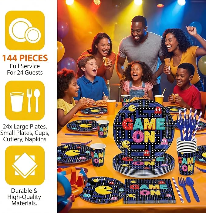 Game on Maze Themed Party Decorations Supplies Retro Arcade Game Themed Party Tableware Set Include Plates, Cups, Napkins,Cutlery and Straw for Birthday Party Decorations Serves 24