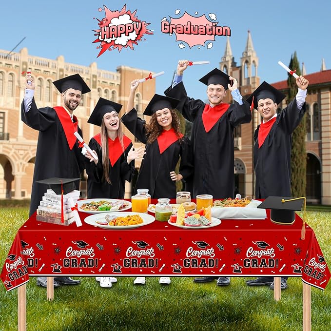 2 Pack Graduation Tablecloth - Congrats Grad Table Cloths, Plastic Disposable Rectangle Red Class of 2026 Table Cover for Graduation Tables Decorations Party Decor Supplies Favors,108 x 54 Inch