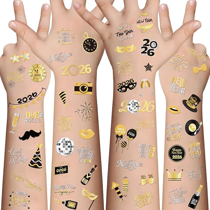 XZENTIRA 4 Sheets 2026 New Year Temporary Tattoos, Black Gold Silver Designs, NYE Party Supplies, New Year's Eve Favors, Happy New Year 2026 Decorations