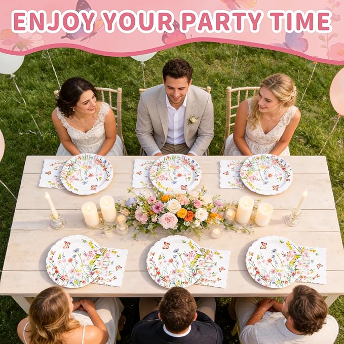 Wildflower Party Plates and Napkins Set - 40 Pcs Spring Disposable Tableware for 20 Guests, 9 Inch Floral Paper Plates & Butterfly Napkins for Baby Shower, Garden Party & Birthday Decorations