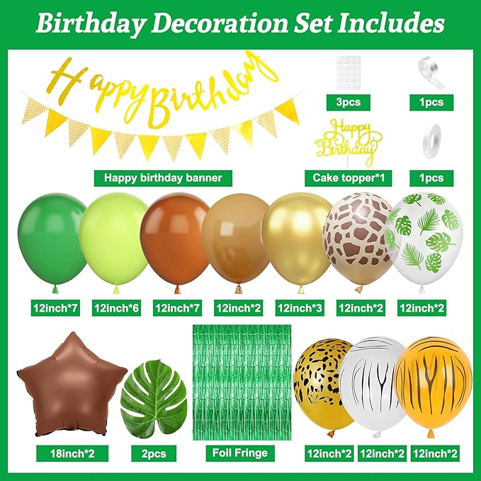 Jungle Safari Birthday Decorations for Boys, Green Brown Animal Print Latex Balloons with Happy Birthday Banner Cake Topper Fringe Curtain Palm Leaves for Kids Woodland Themed Party Decor