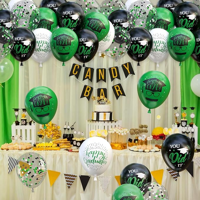 OuMuaMua 75 Pack Graduation Party Decorations Balloons Set - 12 Inch Black Green White Confetti Graduation Balloons with 2 Ribbons for Class of 2026 Congrats Grad Birthday Party Decor Supplies