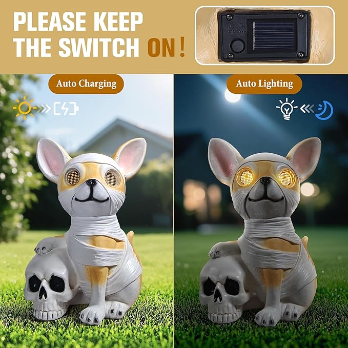 Halloween Decor Outdoor Solar Dog Statue Garden Decorations Holding Skeleton Statue Lights with 360° Spinning Glowing Eyes Ghost Garden Decor & Creative Gifts