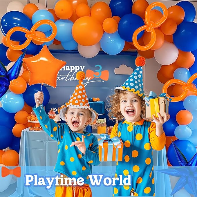 Blue and Orange Balloon Garland Arch Kit 110PCS with long balloon Mylar Foil Star Shape Balloons for kids 3th 6th TV Cartoon dog baby Theme Birthday baby shower Party Decorations