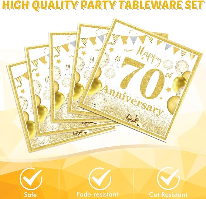 41PCS 70th Anniversary Decorations Cheers to 70 Years Disposable Tableware Including Plates Napkins Tablecloth for Men Women 70th Birthday Anniversary Party Supplies, 102-25