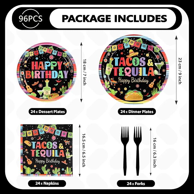 Grencian 96Pcs Taco and Tequila Birthday Party Supplies Mexican Fiesta Paper Plates and Napkins Mexican Colorful Stripe Disposable Tableware Set for Cinco De Mayo Birthday Party Decorations Serves 24