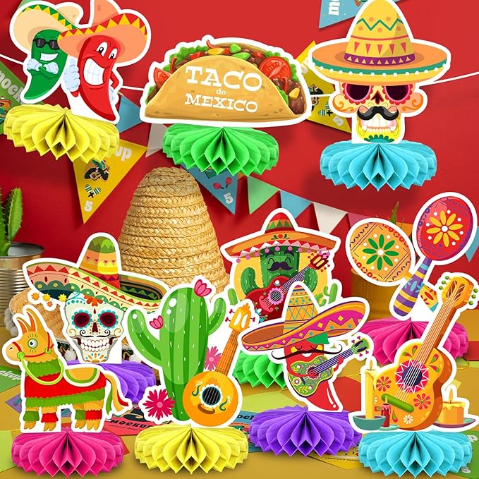 10Pcs Cinco De Mayo Decorations Mexican Fiesta Honeycomb Table Centerpieces Decorations for Carnivals Festivals Themed Birthday Party Cinco De Mayo Fiesta Taco Party Supplies