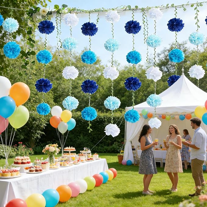 XIANNVXI Blue Tissue Paper Pom Pom Garlands Artificial Flowers Hanging Decorations 8.2ft Hanging Flowers Garland for Birthday Bridal Shower Party Spring Decorations 2PCS（Blue Gradient）