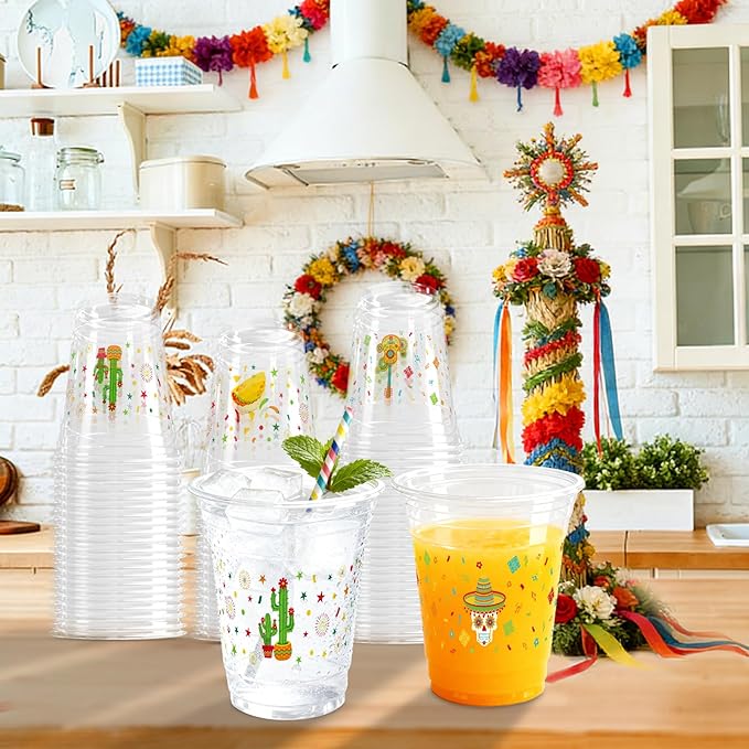 100 Pack Fiesta Plastic Cups 12 oz 2 Styles Mexican Cinco De Mayo Disposable Cups Mexican Party Favor Drinking Beverage Cup for Taco Birthday Hispanic Heritage Month Party Supplies