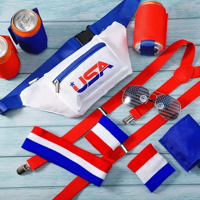 Sweetude USA America Flag Fanny Pack 4th of July Patriotic Beverage Beer Belt Costume Set Outfit Accessories with Drink Holder Sunglasses Striped Sweatband Men Women