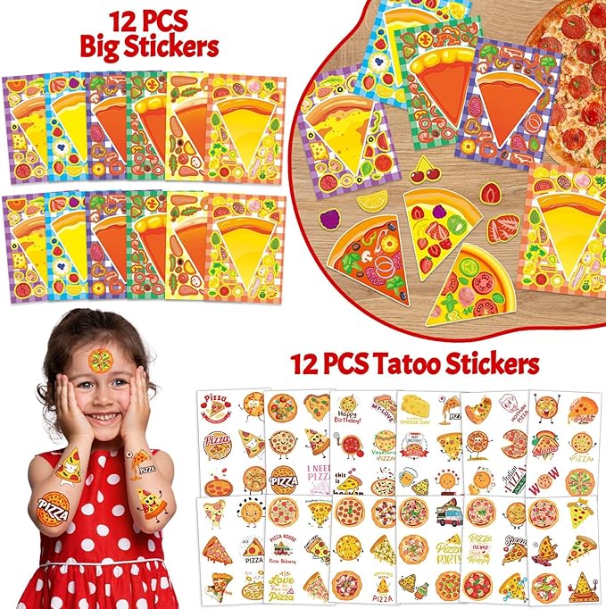 110Pcs Pizza Party Favors for Kids - Pizza Birthday Party Decorations and Supplies with Pizza DIY Stickers, Slap Bracelets, Keychains, Buttons & Tattoos, Goodie Bag Fillers for Boys & Girls