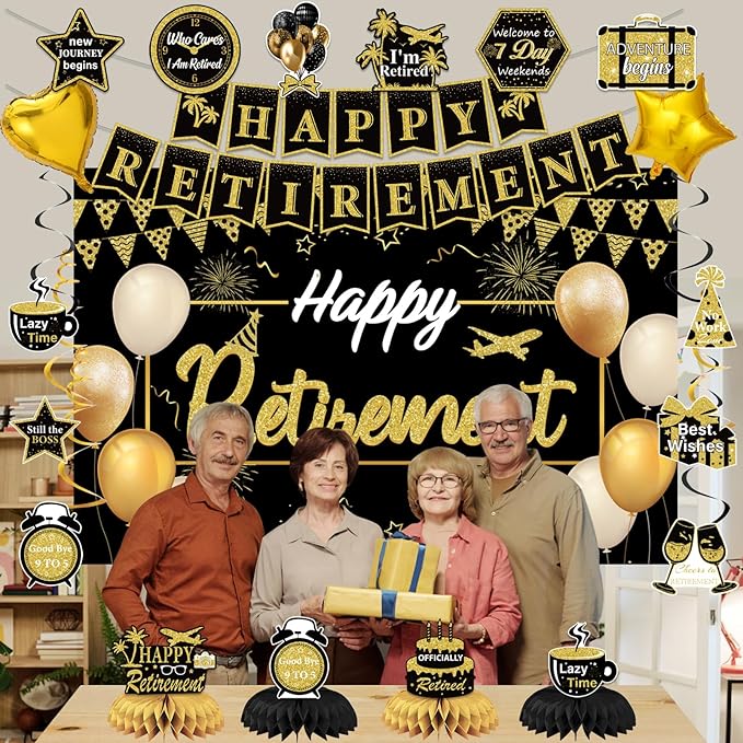 Retirement Party Decorations, Black Gold Happy Retirement Decorations Supplies - Banner Backdrop, Decorations Stickers, Retired Sash, Hanging Swirls, Foil Balloons, Honeycomb Centerpieces
