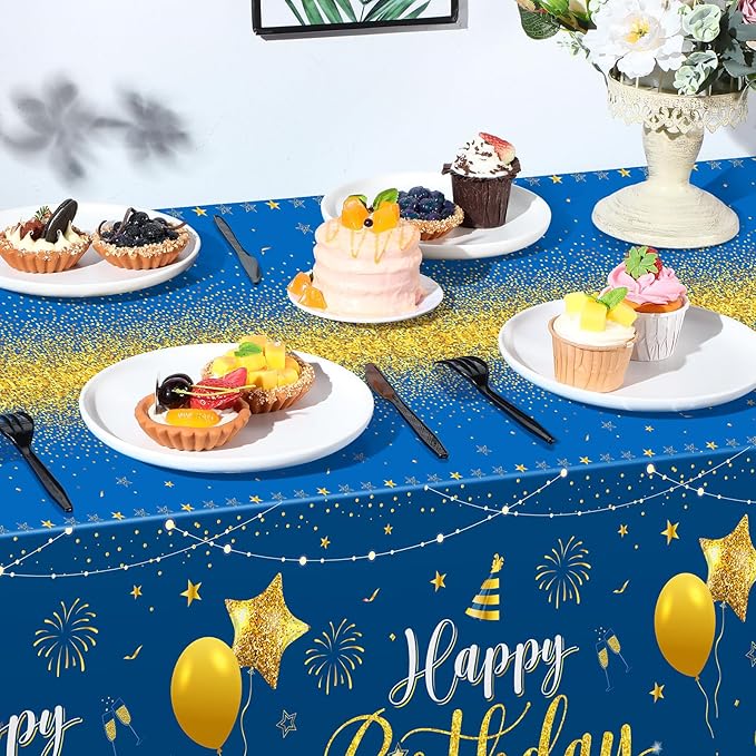 Tudomro 3 Pcs Happy Birthday Tablecloths Happy Birthday Party Decorations Plastic Table Cover Rectangular Cloths for Women Men Baby Shower Party Supplies, 108 x 54 Inch (Blue Gold)