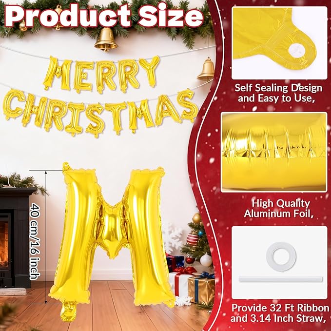 Gold Merry Christmas Letter Balloons Banner, Merry Christmas Foil Xmas Balloon for Xmas Party Decorations (Gold)