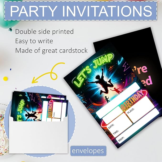Trampoline Park Birthday Invitations, 4 x 6 Inch Let's Jump Theme Birthday Invites Cards for Boys & Girls, 20 Count with Envelopes, Double Sided Printed, Fill in Blank