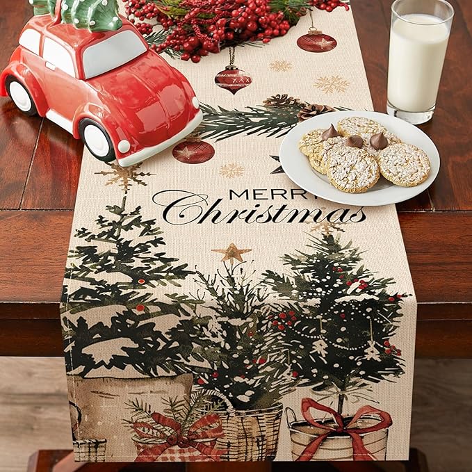 Merry Christmas Tree Dining Table Runner, Xmas Balls Pine Needle Branches Burlap Kitchen Decoration, Winter Holiday Indoor Outdoor Home Decor Party Supply 13 x 90 Inches