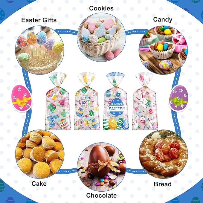 100 Pcs Easter Treat Bags - Happy Easter Gift Bag, Easters Eggs Plastic Cellophane Bag, Clear Colorful Easters Bunny Goodie Candy Favor Bags with Gold Twist Ties for Easte Party Favors Supplies