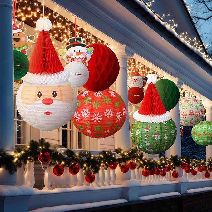 24 Pcs Christmas Hanging Paper Lanterns Party Decorations Red and Green Christmas Lanterns Garland Set Honeycomb Santa Hat 3D Snowman Reindeer Holiday Xmas Ornaments Home Winter Party Decor