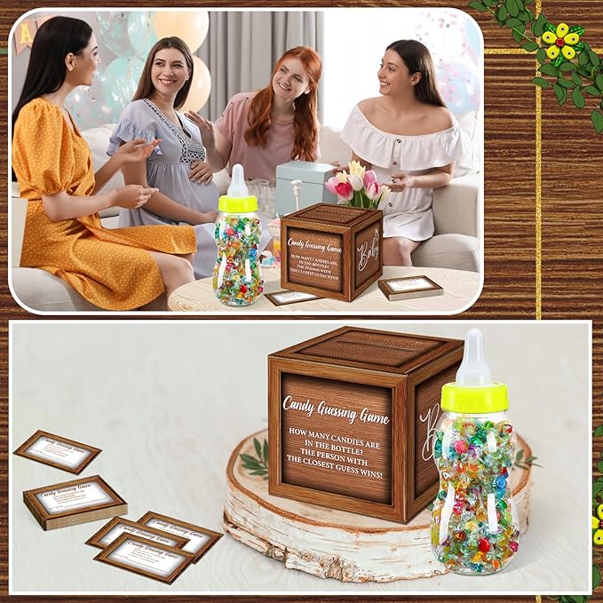 Glenmal 52 Pcs Baby Shower Games Gift Sets Large Baby Bottle for Shower Game Guess How Many Candies Baby Shower Decorations for Baby Shower favors Games Gender Reveal (Wood Grain)