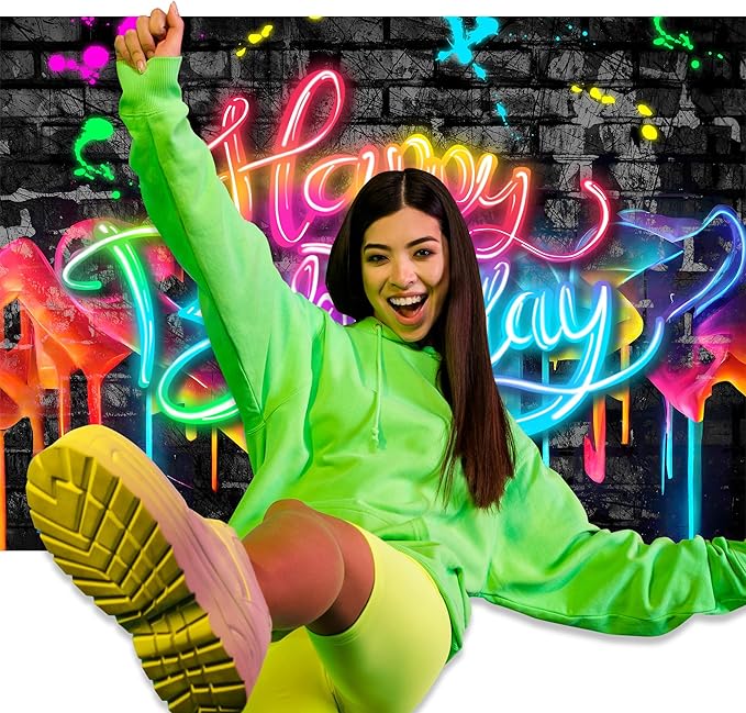 Imirell Neon Happy Birthday Backdrop 8Wx6H Feet Glow in The Dark Graffiti Brick Wall Funny Colorful Painting Polyester Fabric Cool Boys Photography Backgrounds Photo Shoot Decor Props Decoration