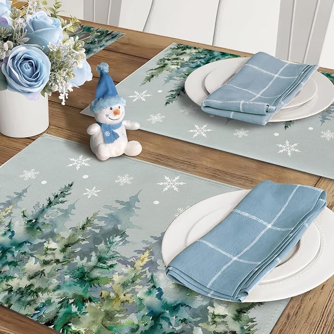 Winter Pine Tree Placemats Set of 4, Watercolor Forest Snowflake Dining Place Mats Table Decor, Christmas Woodland Seasonal Home Kitchen Decoration 12 x 18 Inches