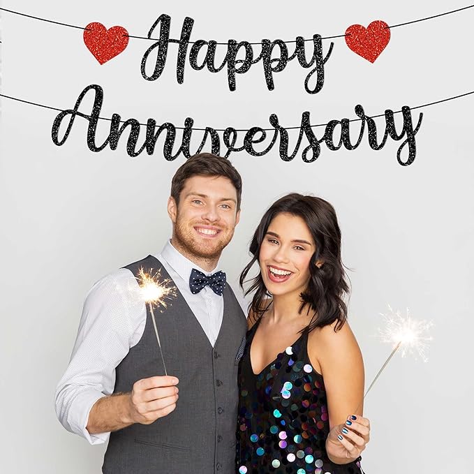 Pre-Strung Happy Anniversary Banner - No DIY - Black Glitter Wedding Anniversary Party Banner in Script - Pre-Strung Garland on 6 ft Strands - Wedding Decorations & Decor. Did We Mention No DIY
