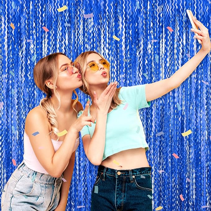 4 Pack Blue Wave Foil Fringe Curtain Backdrop, 3.28Ft x 8.2Ft Metallic Tinsel Foil Fringe Streamer Curtains for Photo Booth, Mother's Day, Easter, Birthday, Wedding Party Decoration