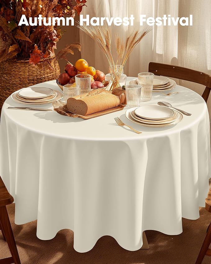 Pureegg Plastic Table Cloth Disposable 6 Pack, 84'' Round Table Cloths, Party, Wedding, Thanksgiving Decorations, Fall Tablecloths, Round, Beige Plastic Cover, Waterproof, Cream, Ivory