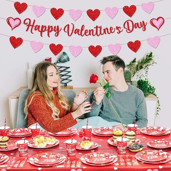 Valentine's Party Decorations 196 Pcs Valentines Plates and Napkins,Cups,Tablecloth Serve 24 Red Heart Valentine Banner Happy Valentine's Day Dinnerware Set Valentines Party Supplies