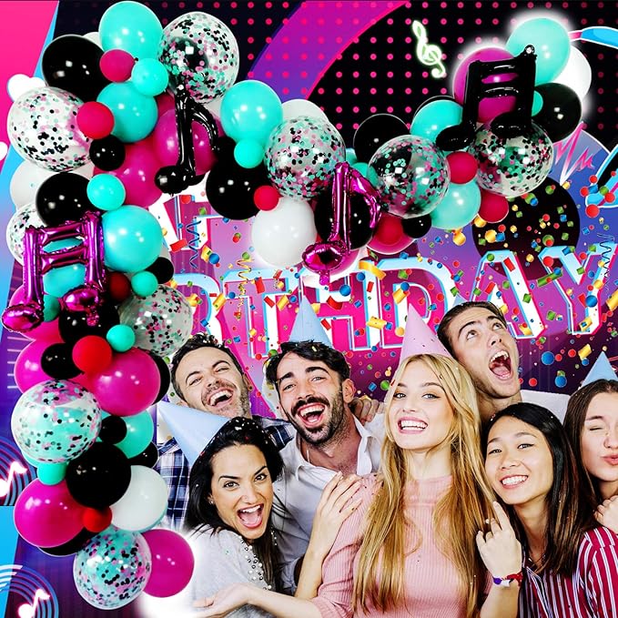 Music Notes Party Decorations, Karaoke Balloon Garland & Arch Kit, White, Rose Red, Seafoam Blue, Black Latex Balloons Confetti Balloon Musical Note Foil Balloon Strip Set for Birthday Party Supplies