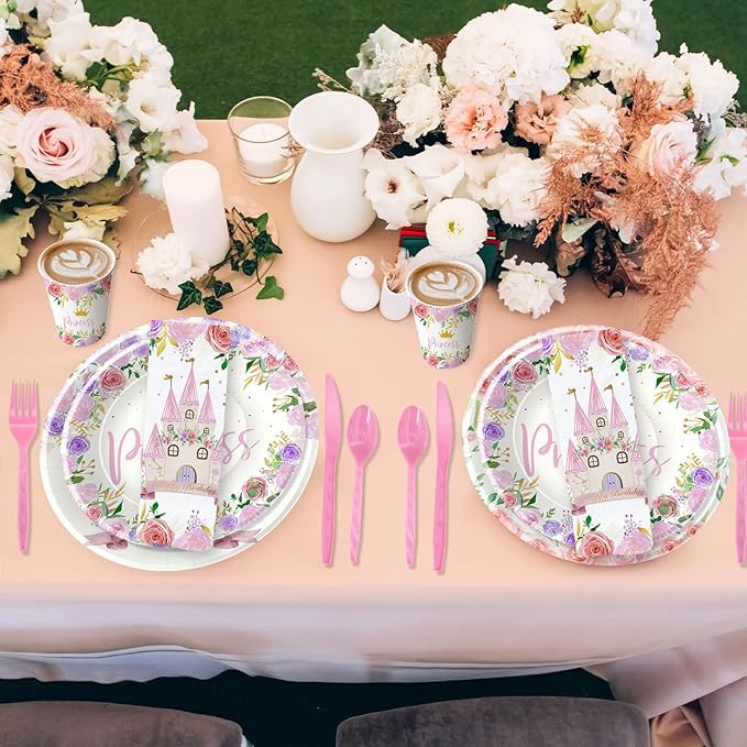 Princess Party Decorations Tableware - Princess Birthday Party Supplies Include Plates, Cups, Napkins, Tablecloth, Cutlery, Straw, Girl Birthday Baby Shower Party Decorations | Serve 24