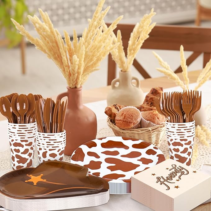 175 Pcs Cowboy Tableware Sets Serves 25 Guests Brown Rodeo Hat Cow Print Plates Napkins Cups Fork Knife Spoon Disposable Dinnerware for Western Birthday Cowgirl Party Supplies