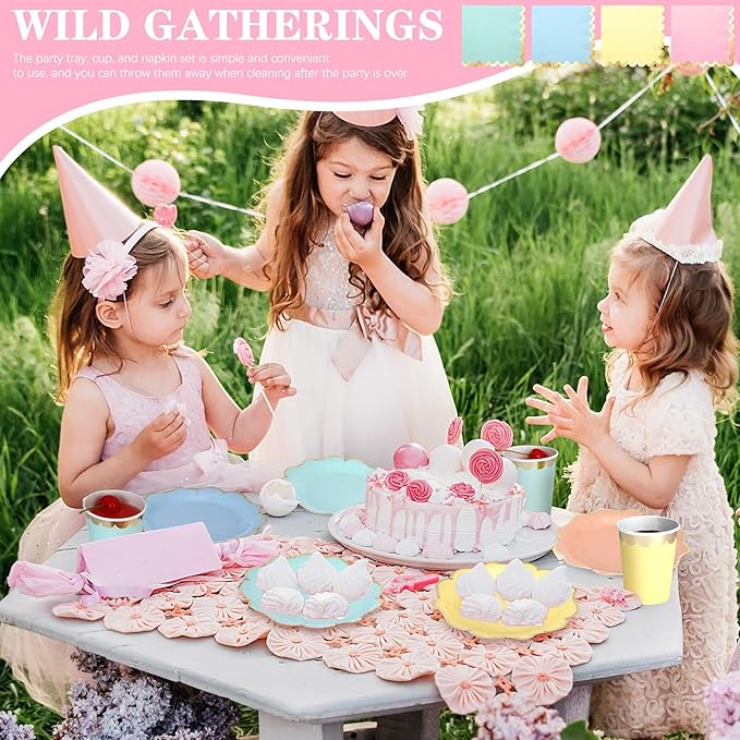 Yaomiao 168 Pcs Pastel Scalloped Paper Plates Cups Napkin with Gold Foil Pastel Party Disposable Dinnerware Set Easter Party Supplies Serve 24 Guests Macaron Princess Birthday Baby Shower Decorations