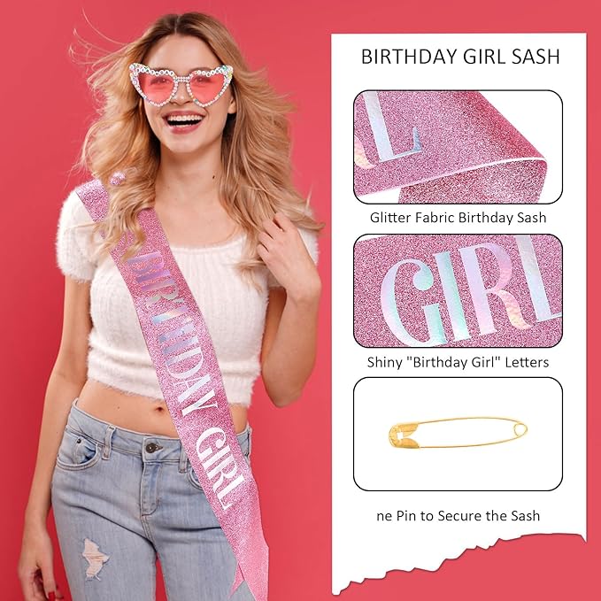 Birthday Girl Sash & Glasses Set, Pink Birthday Sash & Sunglasses, 'BIRTHDAY GIRL' Accessories for Women Girls