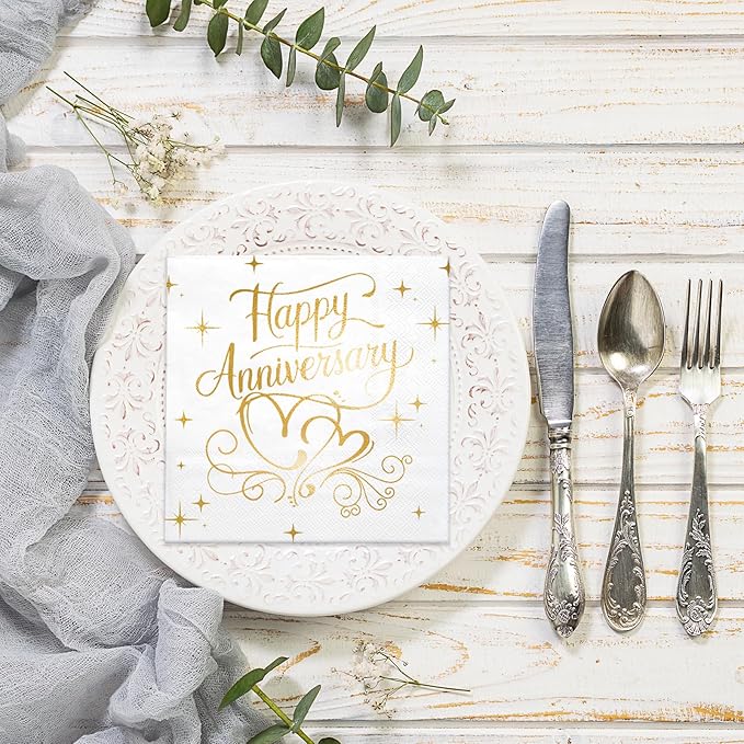 LeZakaa 25Pcs Happy Anniversary Paper Napkin, 3-Ply Gold Foil Cocktail Beverage Bar Square Disposable Napkins Guest Paper Hand Towels, Tea Party Napkins, 25th 50th Anniversary Table Decor, 5 x 5 In