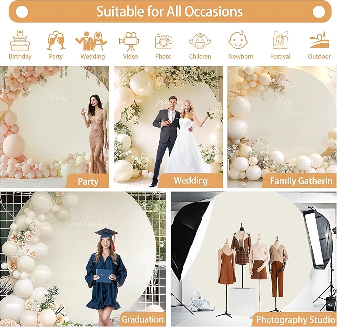 Gallety 7.2 FT Ivory Round Backdrop Cover for 5 to 7.2ft Circle Stand Adjustable Polyester Arch Backdrop Cover for Wedding Arch Birthday Party Photography Decoration