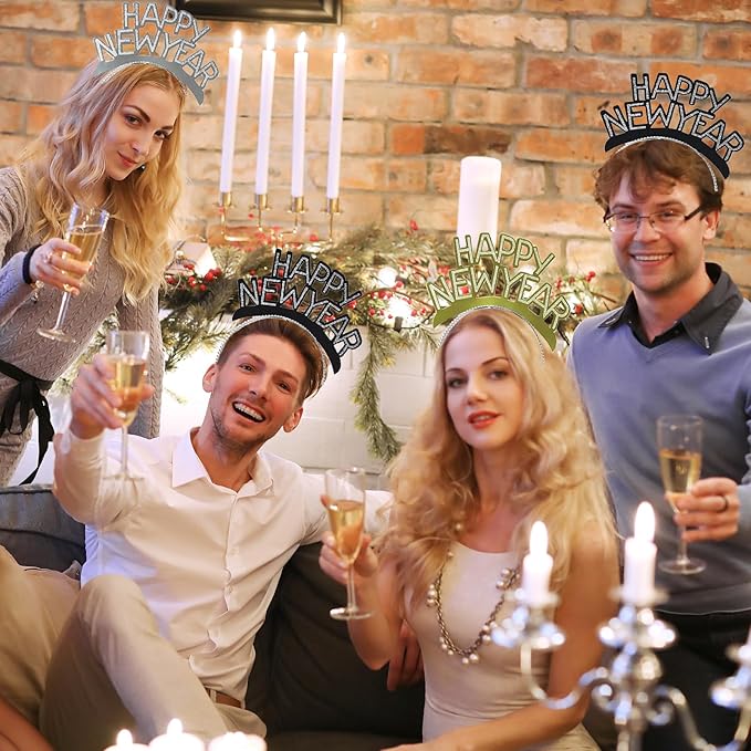 24 Pcs Happy New Year Headbands for Women 2026 New Year Eve Hairbands Party Supplies Holiday Headwear Decoration Gifts (Black+Gold+Silver)
