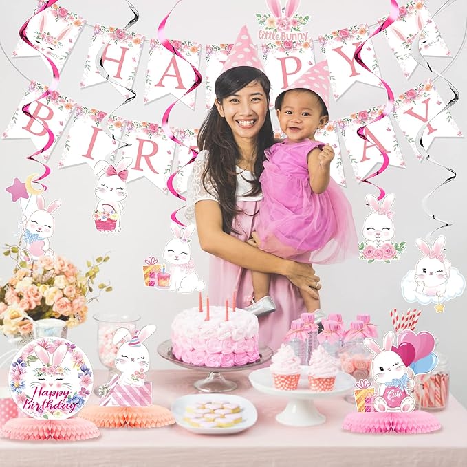 26 Pcs Easter Bunny Birthday Party Decorations Kit Supplies Bunny Birthday Banner Honeycomb Centerpiece Rabbit Hanging Swirls Cutouts for Girl Baby Shower Party Supplies