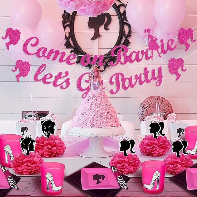 Hot Pink Girls Princess Birthday Decorations, Come On Ba*bie Let’s Go Party Banner, Let's Go Bachelorette Bridal Shower Party Decorations Supplies