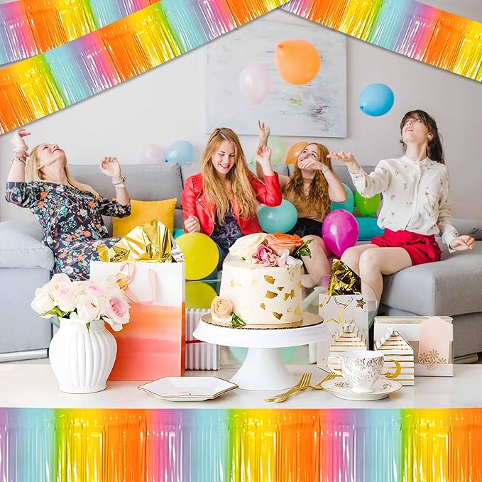 3 Pack 10 Ft Light Rainbow Foil Fringe Garland Metallic Streamers Tinsel Banner Wall Hanging Garland Backdrop for Parade Floats, Halloween, Christmas, Thanksgiving, New Year Party Decorations