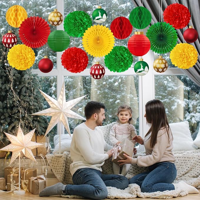 22pcs Christmas Party Decorations Indoor – Red Green Gold Paper Fans, Hanging Lanterns, Honeycombs, Pom Poms, Xmas Ball-Shaped Cards for Holiday, Office Decor