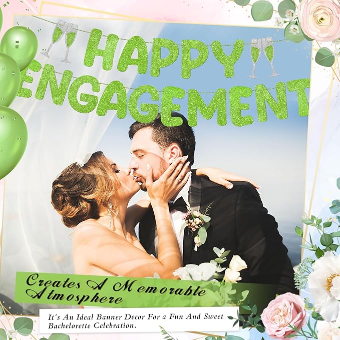 Breling Pre Strung Happy Engagement Banner Glitter Engagement Party Decorations for Congratulations Engaged Wedding Shower Signs Decor(Light Green)