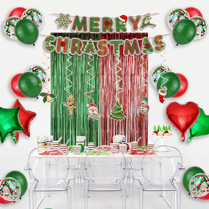 Christmas Party Decoration Supplies Christmas Balloons Merry Christmas Banner Hanging Swirls Red and Green Metallic Fringe Curtains Christmas Decor