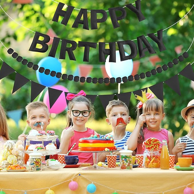 CANREVEL Pre-Strung 3D Rainbow Happy Birthday Banner, 3 PCS Happy Birthday Felt Sign, Pom Pom Garland, Triangle Fabric Bunting, Colorful Reusable Birthday Decorations for Women Men Girls Boys, Black