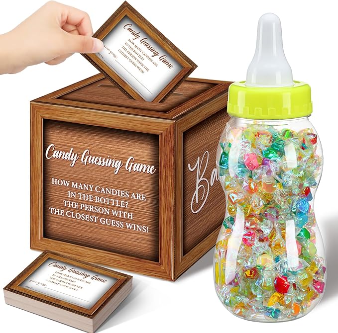 Glenmal 52 Pcs Baby Shower Games Gift Sets Large Baby Bottle for Shower Game Guess How Many Candies Baby Shower Decorations for Baby Shower favors Games Gender Reveal (Wood Grain)