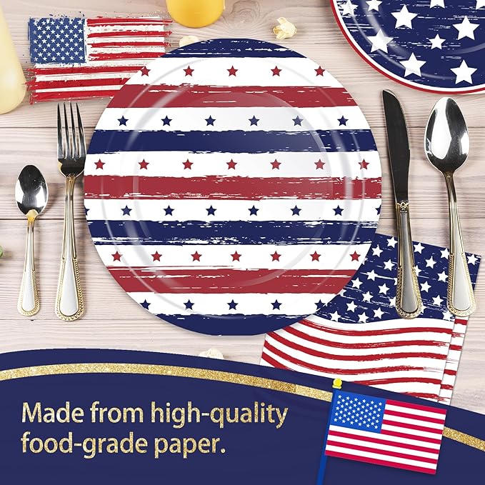 OuMuaMua 75 Pcs American Flag Patriotic Party Plates and Napkins, 4th of July Disposable Tableware Paper Set for Veterans, Election, July 4th Independence Day Party Supplies Decorations, Serves 25